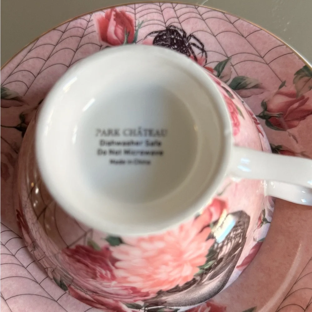 Park Château Gothic Teacup & Saucer – Pink Roses, Skull & Spider Web – Rare - Picture 5 of 9